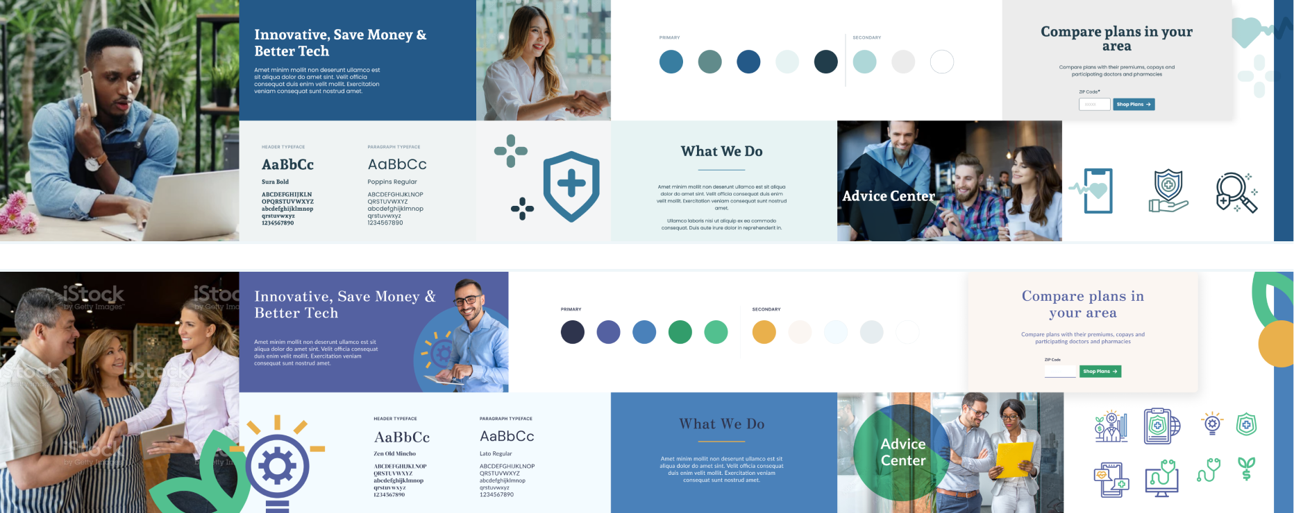 Two different stylescapes with varying colors, typography, and photography.