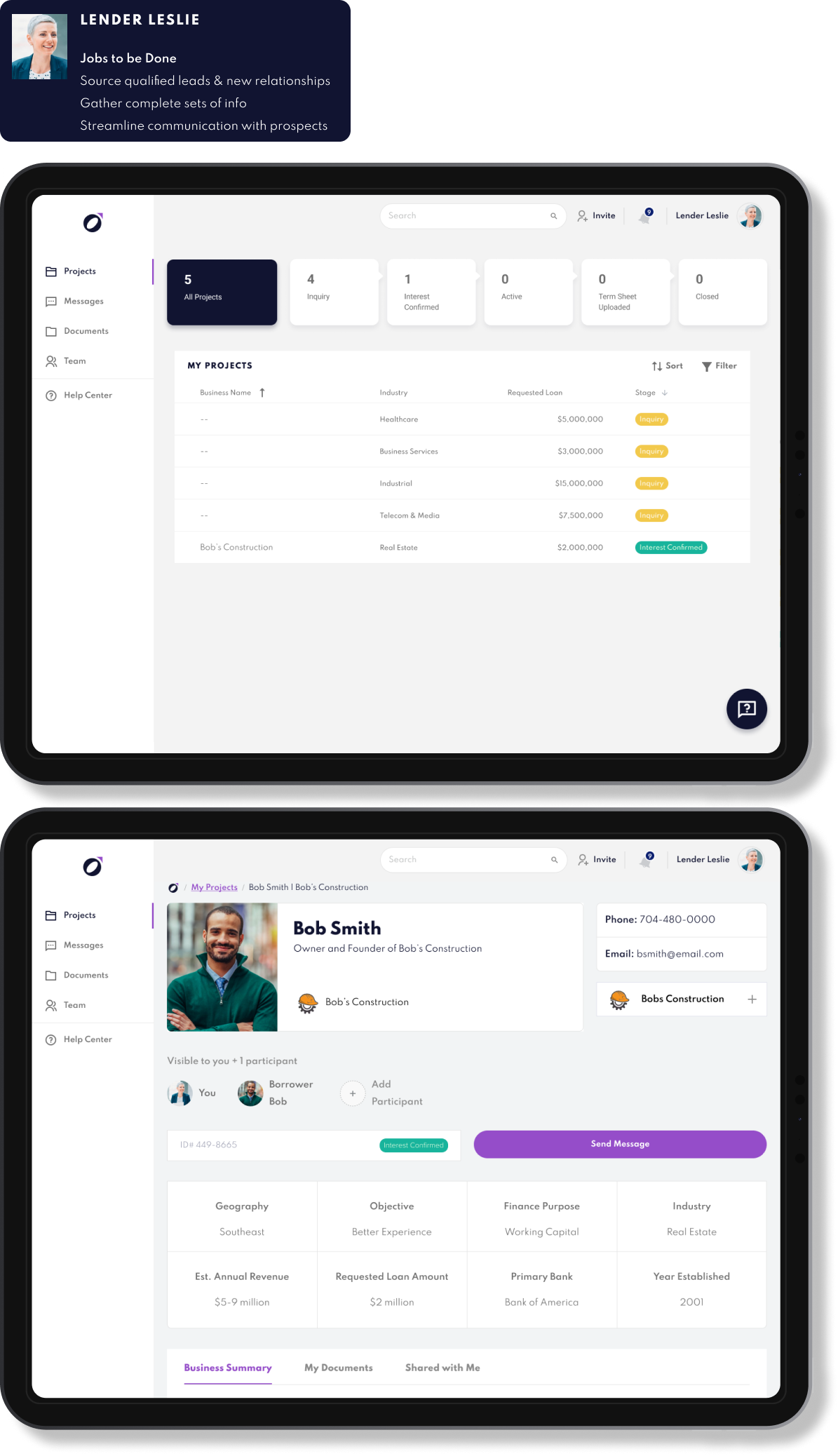 Two screens of software lender platform.
