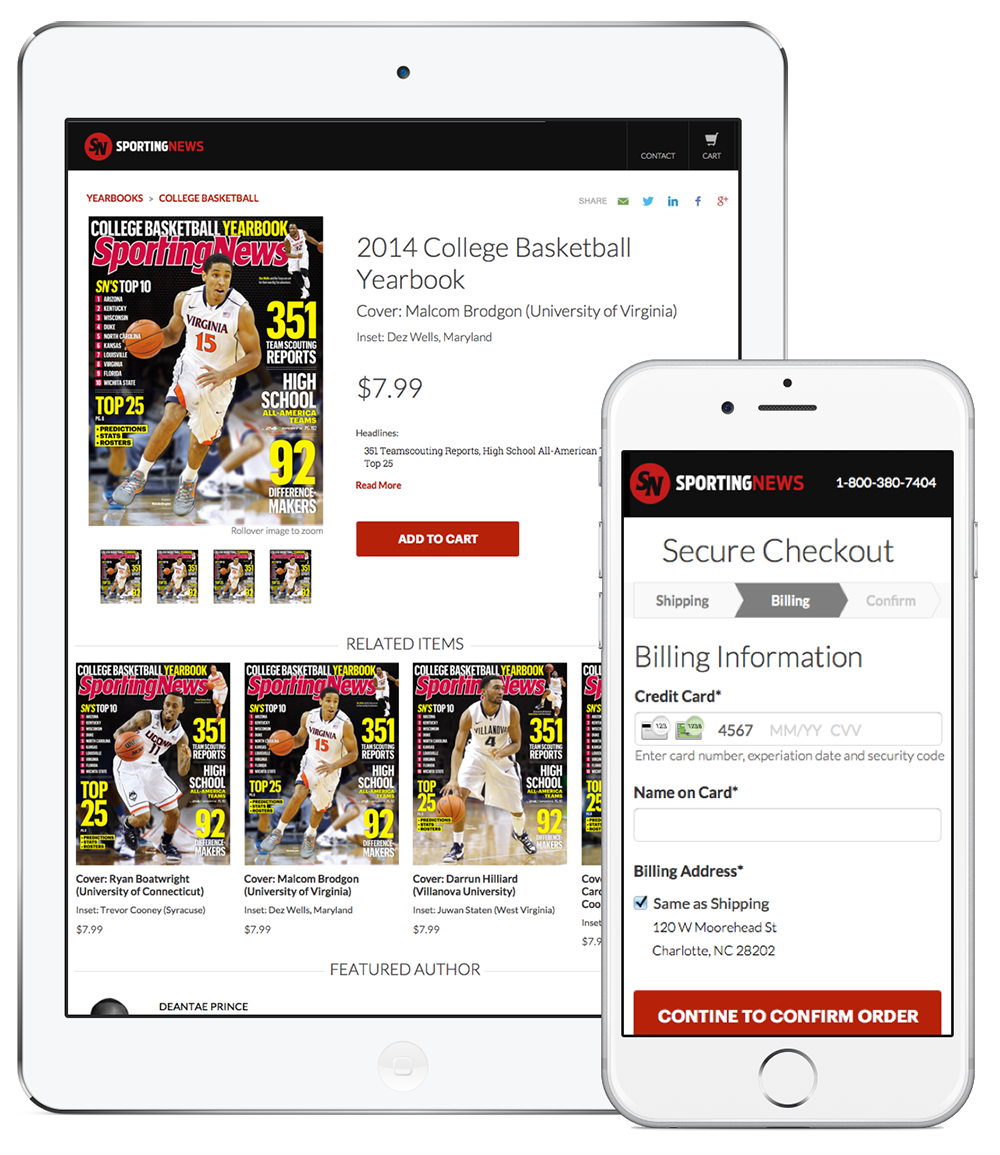 Screenshots of the SportingNews product page and checkout on an iPad and iPhone