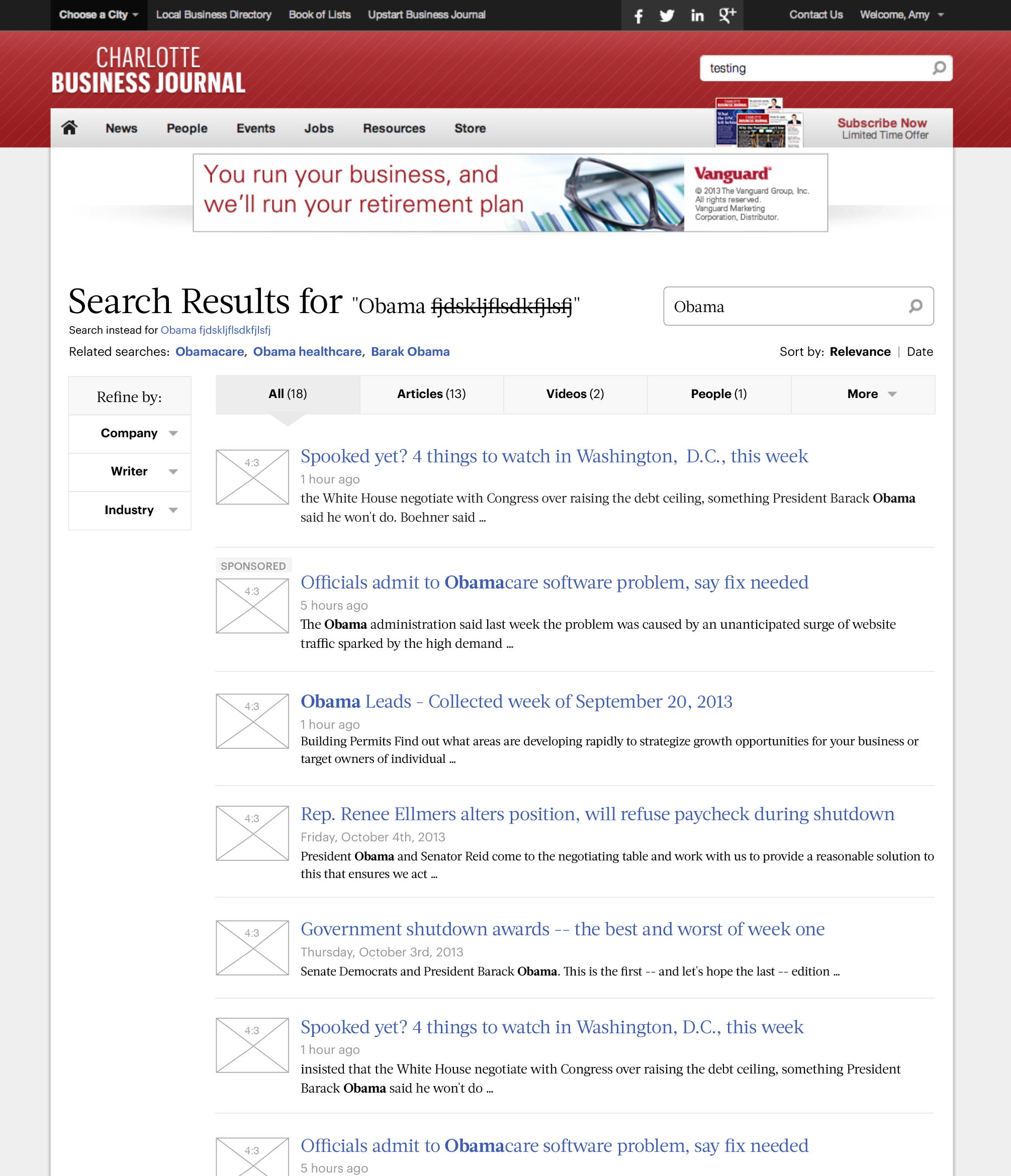 Wireframe for The Business Journal's Search page, displaying results for the word Obama