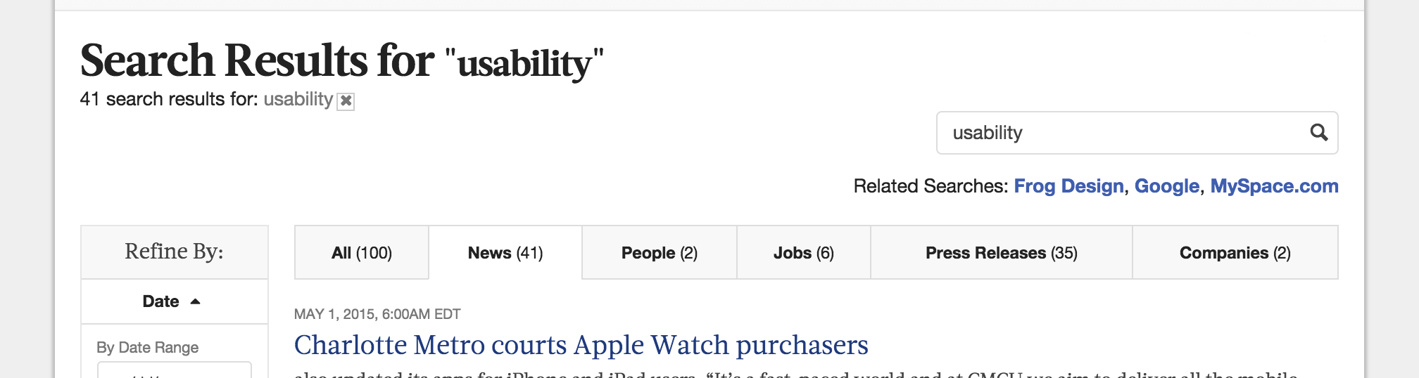 Screenshot of the top of The Business Journal's Search page, displaying results for the word usability